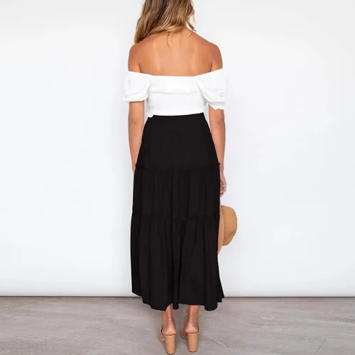 Vista 8 de Falda larga de cintura alta elástica para mujer, estilo bohemio, con volantes, acampanado, falda larga floral