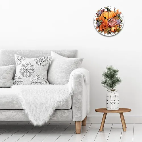 Vista 3 de Reloj de pared de madera Country Autumn Harvest Acuarela Calabaza Flores Redondo Reloj Decorativo de Calidad Cuarzo Sin Ticking Otoño Acción