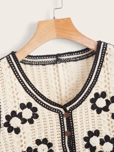 Vista 3 de Verdusa Chaleco de punto a cuadros sin mangas con cuello en V y botones para mujer