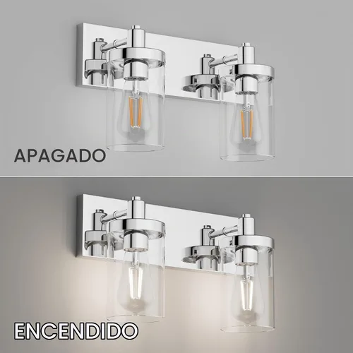 Vista 2 de Aipsun Accesorios de iluminación de tocador de baño, luz cromada, 2 luces, luz de baño de acero inoxidable con pantalla de vidrio transparente