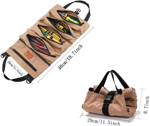 Vista 2 de Bolsa de herramientas enrollable, bolsa enrollable para llaves, bolsa multiusos de lona, organizador de herramientas, cubo de coche, bolsa de Verde