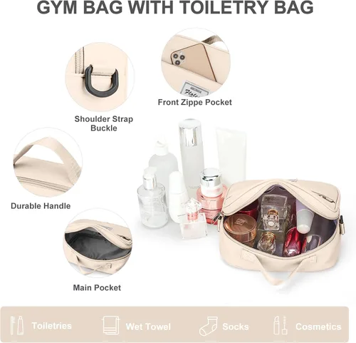 Vista 5 de Bolsas de viaje para mujer, bolsa de viaje para fin de semana, bolsa de lona con mojado Pocke, beige (A-Beige)