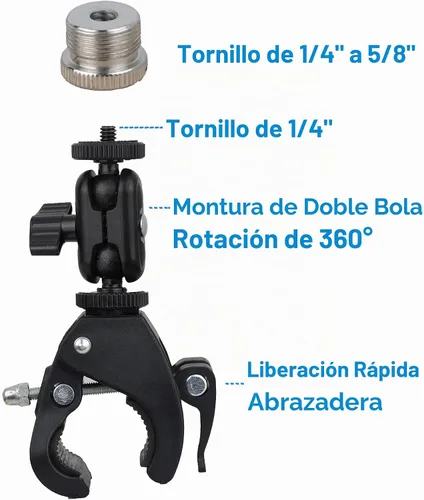 Vista 2 de Pinza de Cangrejo para Micrófono con Abrazadera y Ajuste de Cabeza Doble de Bola de 1/4" a 5/8", Compatible con Soporte de Micrófono, Soporte
