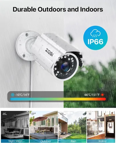 Vista 2 de ZOSI - Cámara de seguridad para exteriores e interiores de 2MP, 1080p HD, 1920TVL (híbrida 4 en 1 HD-CVI/TVI/AHD/960H analógica CVBS), 24 ledes