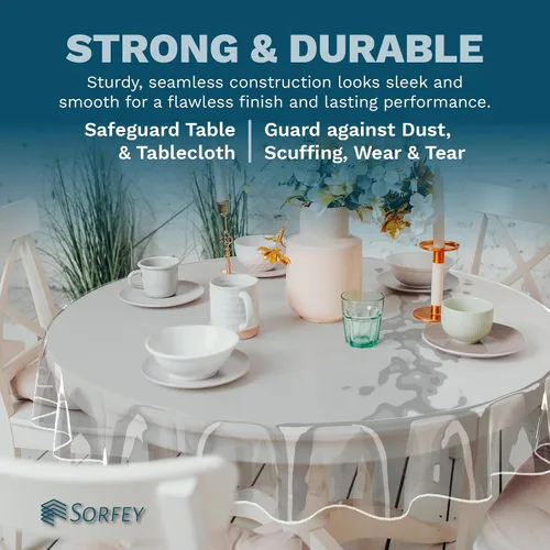 Vista 5 de Mantel de plástico para mesa, protector de mantel de plástico transparente, con borde, 60 pulgadas, redondo, impermeable y resistente al aceite