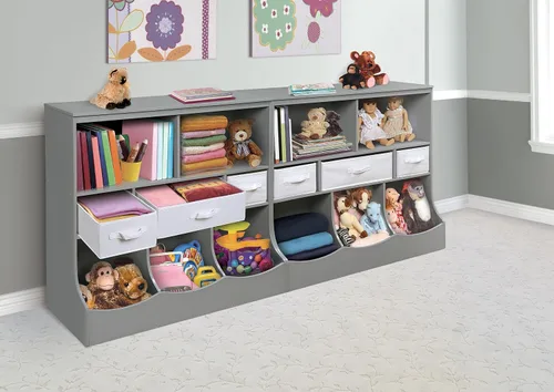 Vista 6 de Badger Basket Combo Bin Unidad de almacenamiento de juguetes y estante para libros para niños con 3 cestas - Gris