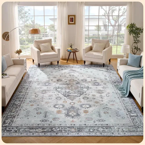 Vista 169 de Istana Alfombra larga antideslizante de 2.5 x 8 para el hogar, para pasillo y cocina, lavable, sedosa y suave al tacto, elegante, color azul y marfil
