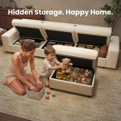 Vista 4 de Sofá modular en forma de L de gran tamaño con almacenamiento y asiento Beige