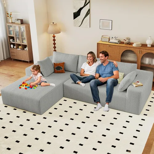 Vista 57 de Sofá modular de 96 pulgadas en forma de L, sofá modular de 3 asientos, sofá modular de pana de espuma viscoelástica sin hueso para sala de estar