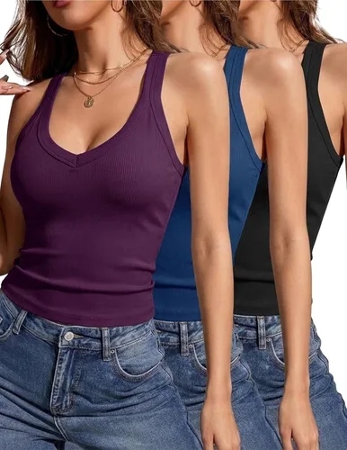Vista 21 de Camiseta sin mangas para mujer RibKnit Racerback Cami Slim Fit Elástica