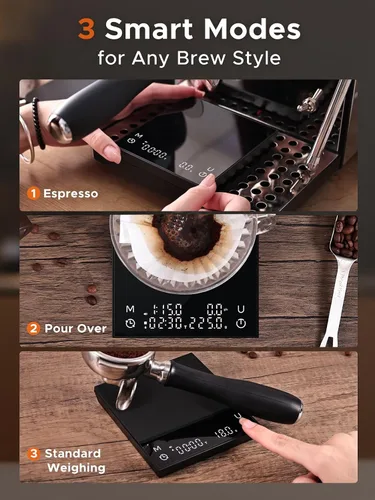 Vista 6 de Báscula de café con temporizador automático, báscula de café recargable con temporizador, relaciones y pantalla de caudal, 3 modos, grado barista