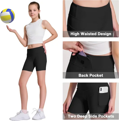 Vista 4 de FitsT4 - Pantalones cortos de voleibol para niñas de 4 pulgadas, 3 bolsillos, atléticos, gimnasia, baile, yoga, correr, gimnasio, fútbol, bicicleta