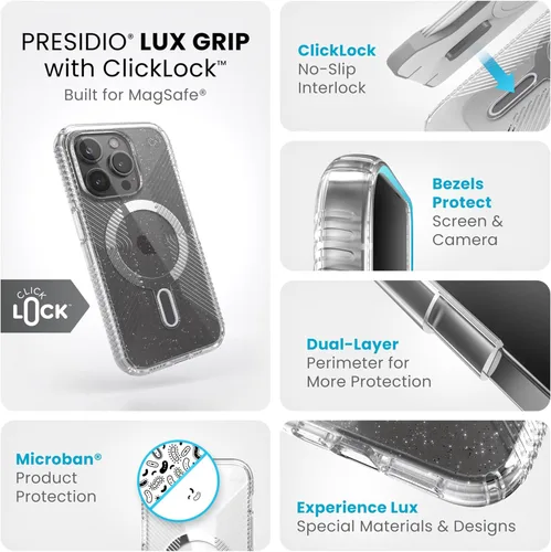 Vista 3 de Speck Funda para iPhone 15 Pro – ClickLock con bloqueo antideslizante, diseñada para MagSafe, agarre de protección contra caídas – Funda