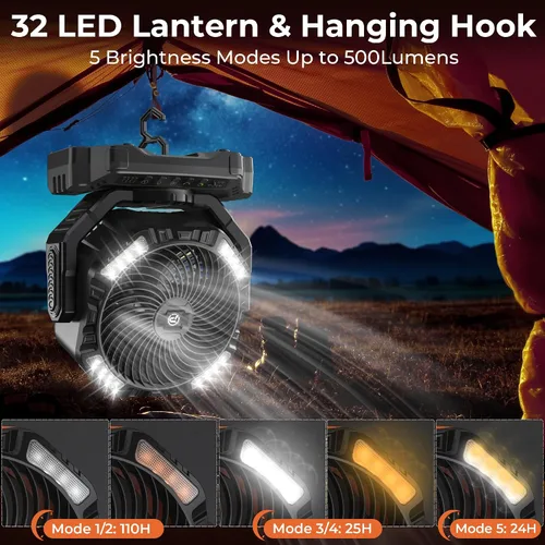Vista 5 de 68HRS - Ventilador de campamento para correr con luz, batería recargable de 20000 mAh, potentes 4 velocidades y oscilación automática, temporizador