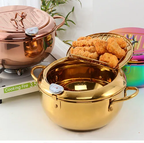 Vista 6 de Olla de acero inoxidable 304, olla tempura de 3.2L/2.8 cuartos de galón con tapa de termómetro y escurridor de aceite, olla japonesa para cocina