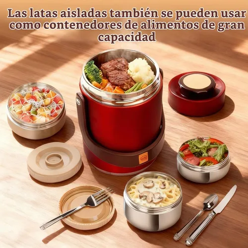 Vista 5 de Contenedor de comida aislado al vacío de 67 onzas para alimentos calientes, termo de alimentos apilable sellado de 3 niveles, lonchera térmica