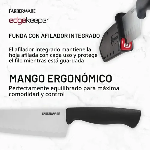 Vista 3 de Farberware Edgekeeper – Cuchillo Santoku de 5 pulgadas con funda autoafilable, cuchillo de cocina de acero inoxidable de alto carbono con mango Negro