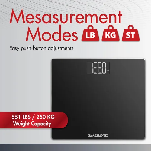 Vista 5 de SmartHeart - Báscula digital de baño con plataforma ancha Báscula de peso corporal de 551 libras con vidrio templado y encendido automático