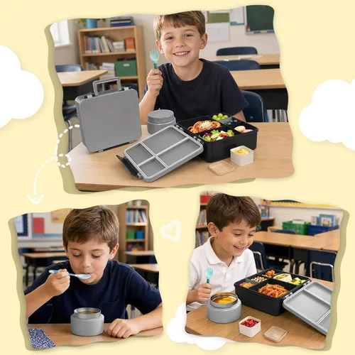 Vista 5 de Lonchera para niños con lonchera Bento con tarro de comida de 9 onzas, color negro Contenedor de almuerzo escolar a prueba de fugas de 4 azul