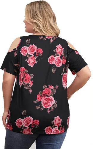 Vista 2 de Yiwixi Camisetas casuales de verano para mujer, con hombros descubiertos, manga corta, cuello redondo, ajuste holgado, tallas grandes, plisadas