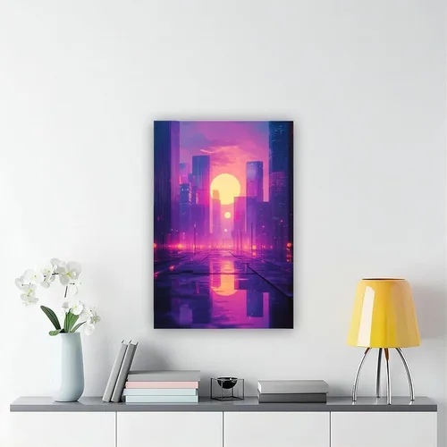 Vista 6 de Synthwave Aesthetic Wall Print – Vaporwave Inspired Urban Art, Purple & Orange Neon Poster for Modern Home Decor Vintage Wall Decoration Famous Oil