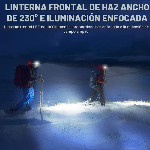Vista 2 de Linterna frontal LED, 1000 lúmenes, 230° de haz ancho, linterna frontal recargable por USB con luz trasera roja, luz ligera e impermeable