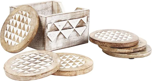 Vista 6 de Juego de 6 posavasos de madera blanqueada con soporte, posavasos rústicos para tazas de café, tazas de té y vasos, juego de posavasos de madera