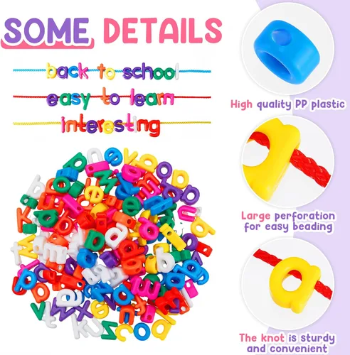 Vista 3 de Wesiti 204 piezas de letras con cordones del alfabeto, juguetes de aprendizaje para niños pequeños, cuentas del alfabeto ABC, juguetes