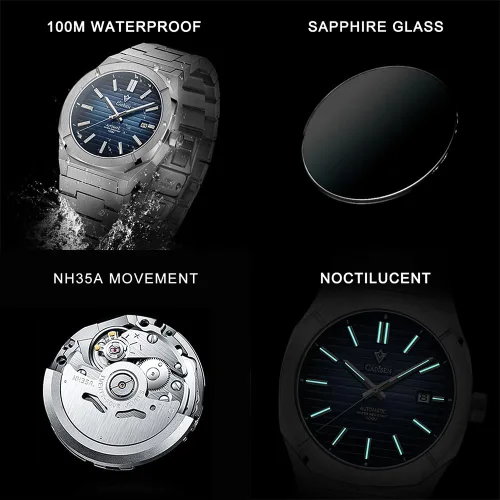 Vista 2 de CADISEN Los hombres del diseño relojes mecánicos automáticos 100M impermeable marca reloj de pulsera de lujo