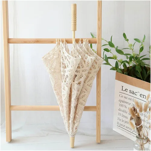 Vista 6 de Zerodis Sombrilla de encaje, tela de seda, bordada, para novia, accesorios de fotografía, decoración de boda (L-beige)