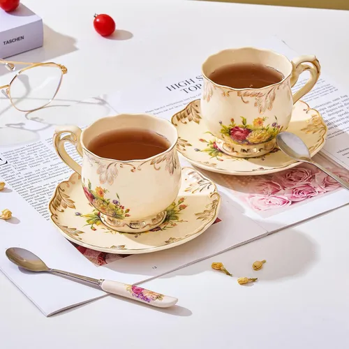 Vista 5 de Juego de 2 tazas de té y platillos de 8 onzas (floral colorido)