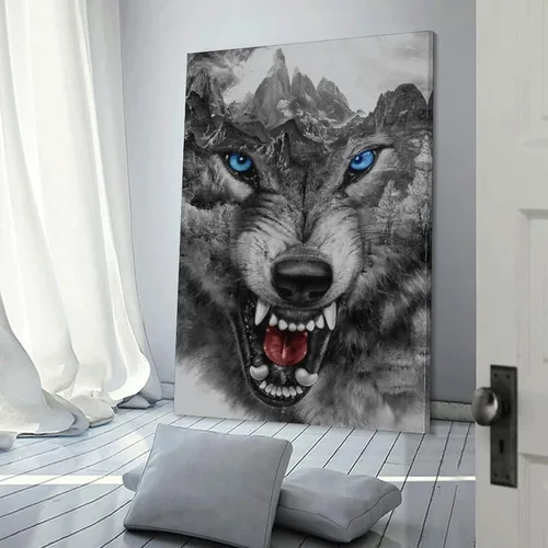 Vista 3 de Rucatto Póster de animales en blanco y negro con cabeza de lobo enojado salvaje y ojos azules, impresiones artísticas en lienzo para decoración