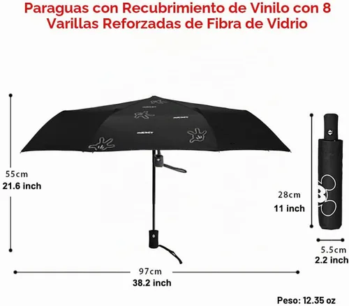 Vista 7 de Finex Mickey Travel Compact Auto Folding Golf Umbrella with Auto Open Close One Button Handle & Wrist Strap Negro MM