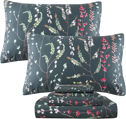 Vista 28 de QSH Juego de sábanas de tamaño individual 100% algodón egipcio, estampado de flores verdes con pájaros, mariposas y botánicas, lujo impreso, ropa