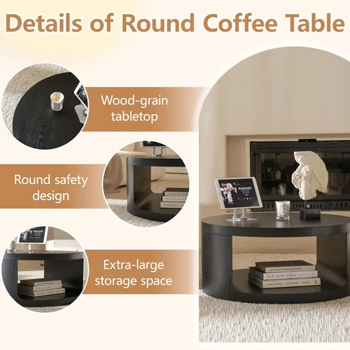 Vista 3 de Mesa auxiliar redonda con almacenamiento, mesa moderna de sala de estar de 31.5 pulgadas, mesas centrales de madera circulares de 2 niveles