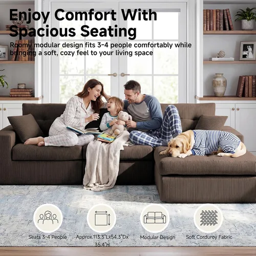 Vista 3 de Sofá modular en forma de L de 114 pulgadas con diván, sofá de pana sin hueso con otomana móvil, sofás de asiento profundo para sala de estar, sin