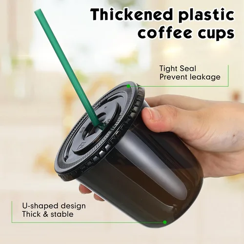 Vista 4 de Baderke Juego de 25 vasos de plástico con tapas y pajitas, tazas de plástico desechables para café helado, jugo, batido, cristal para cafeterías