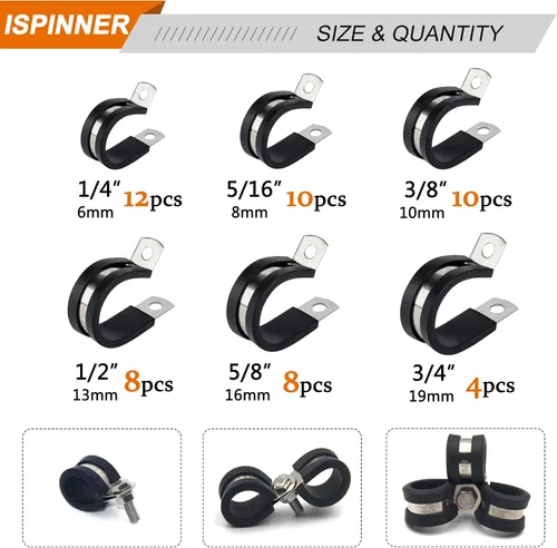 Vista 2 de ISPINNER Juego de 52 piezas de abrazaderas de cable, abrazaderas de tubo de goma de acero inoxidable 304 en 6 tamaños 1/4" 5/16" 3/8" 1/2" 5/8" 3/4