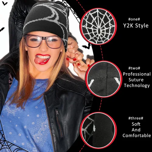 Vista 3 de Gorro de punto con orejas de gato para mujer, gorro de ganchillo con gorro de invierno a rayas, accesorios Y2K, gorros estilo gótico grunge