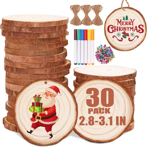 Vista 7 de Max Fun Juego de 30 rebanadas de madera natural de 2.4 a 2.8 pulgadas, adornos de Navidad sin terminar preperforados con agujero, círculos de madera