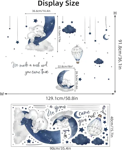 Vista 4 de Adhesivo de pared con elefante bebé durmiendo en azul grisáceo, sacinora - Adhesivo de pared con luna, estrella, nube y frase en inglés cálido