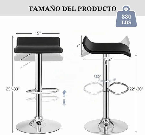 Vista 3 de VECELO Juego de 2 taburetes de bar con barra giratoria y altura ajustable, modernos taburetes de bar de PVC para cocina, bar, comedor, sala de Negro