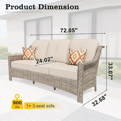 Vista 6 de HOOOWOOO Sofá de patio de 3 plazas de mimbre para exteriores, resistente a todo tipo de clima, con respaldo alto, muebles a juego (beige y bronceado)
