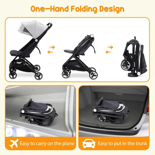 Vista 7 de GAOMON Cochecito ligero, compacto con una sola mano plegable para avión, asiento reclinable y toldo Gris