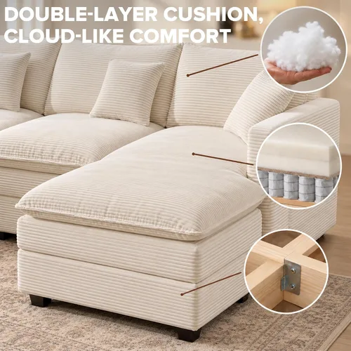 Vista 5 de Sofá seccional modular de 107", sofá de nube en forma de L con otomana Beige