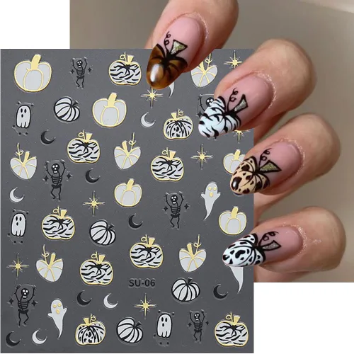 Vista 5 de 8 hojas de calcomanías de uñas de Halloween con diseños de fantasmas lindos, calabaza, araña, telaraña, sangre, llama 3D, autoadhesivas, Otoño