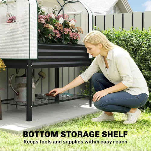Vista 6 de Outsunny Cama de jardín elevada galvanizada con cubierta de invernadero Negro