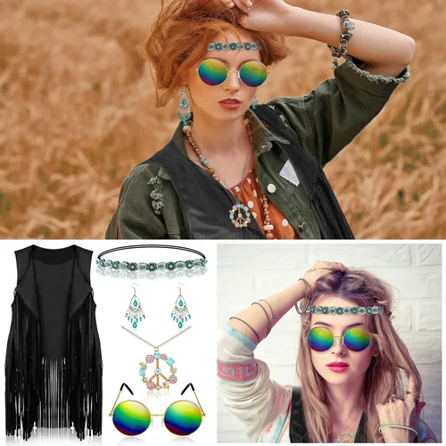 Vista 6 de 6 piezas de trajes de los años 60 y 70 para mujer, accesorios de disfraz hippie, chaleco con flecos, gafas de sol, collares, aretes, diadema
