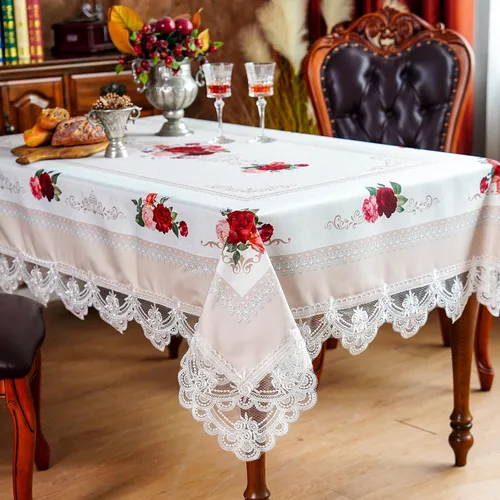 Vista 12 de SUTAVIA Mantel de Mesa Bordado con Encaje, Cubierta de Mesa Rectangular Estilo Granja, Mantel de Macramé Clásico Oblongo con Decoración Floral