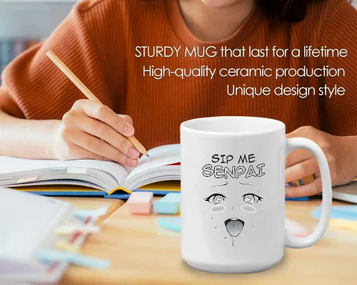 Vista 3 de Taza de café blanca de anime de 15 oz - Sip Me Senpai - Haentai Weaboo Animation Divertida y linda taza de mercancía Waifu Otaku Manga Cultura